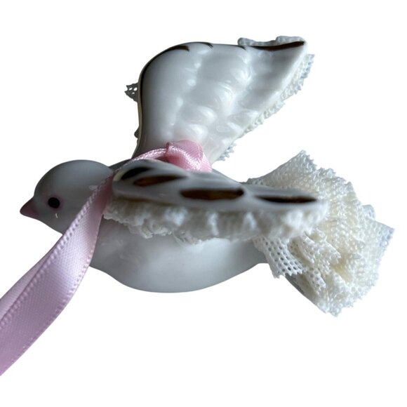 Irish Dresden Porcelain Dove Ornament With Pink Ribbon & Lace Detailing - Picture 2 of 10